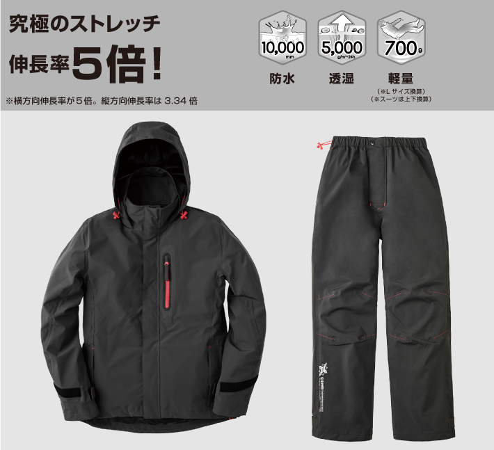全方位に伸びるLIPNERマルチストレッチレインスーツ。