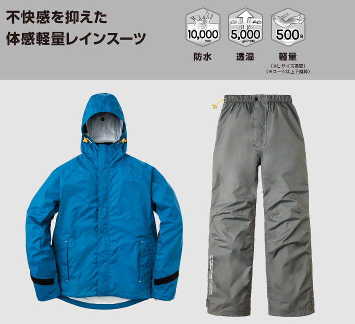 不快感を抑えた体感軽量レインスーツ