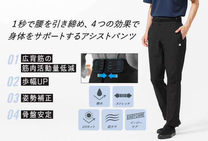 腰部分にサポートベルトを採用した、腰を守るサポートパンツ