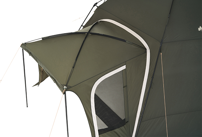 別売のキャノピーポール、ロープを使えばリッジ付き出入り口に！