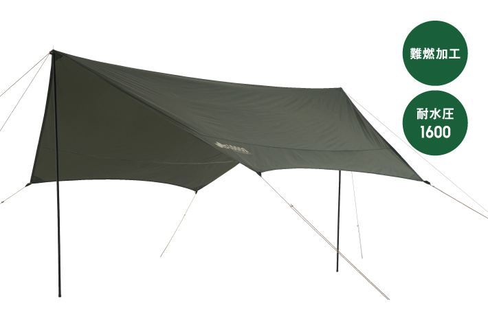 アレンジ自在で広々リビング！ 耐風性に優れたヘキサ型タープ